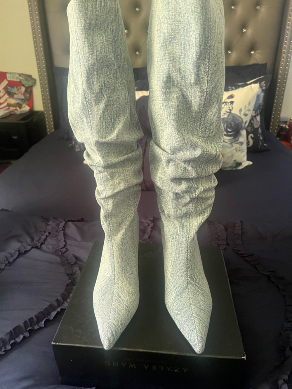 AKIRA Light Blue Over-the-Knee Pointed Toe Boots